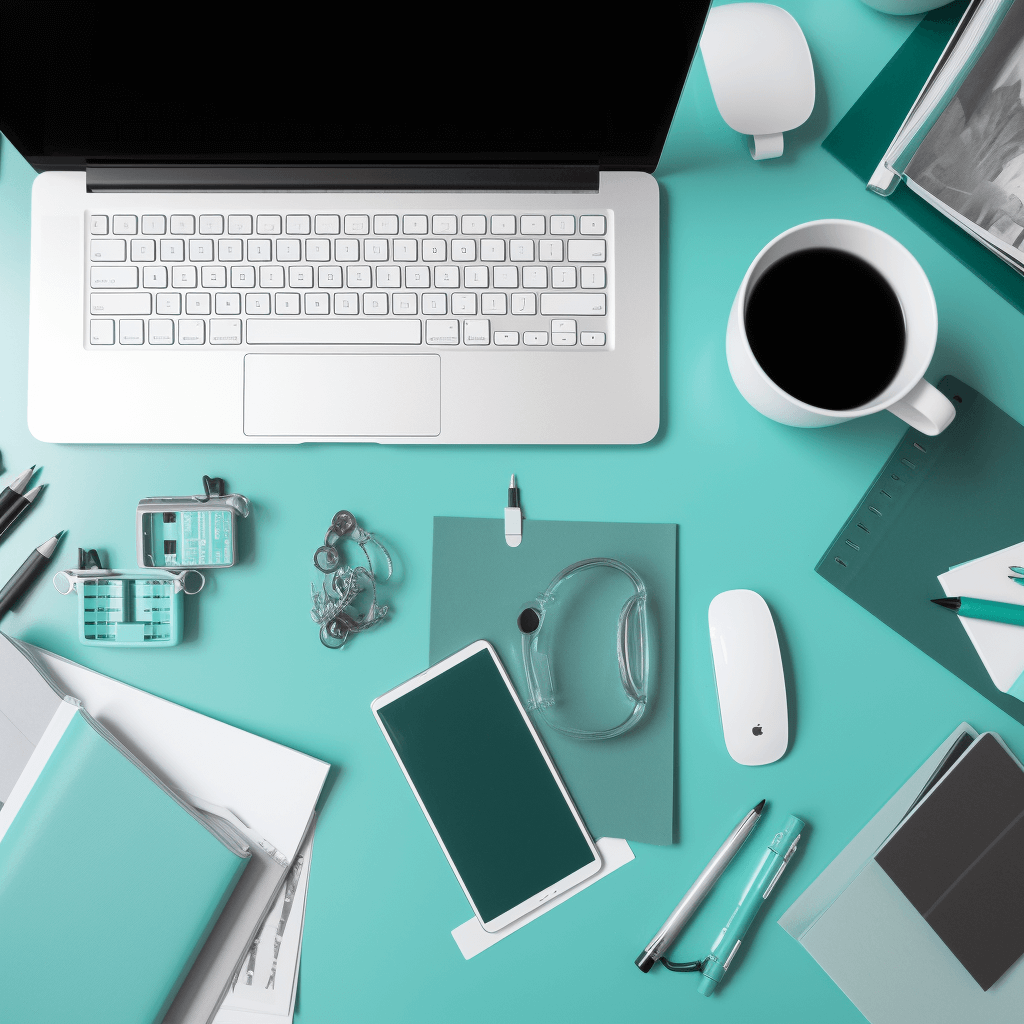 Een visueel inspirerende branding mockup met een zakenman, laptop en kleuren van turquoise, aqua, diepblauw, wit en zilver.