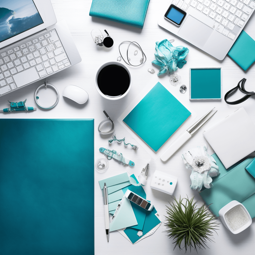 Een esthetische flat lay branding mockup voor denkers in het bedrijfsleven, met een laptop en een kleurenpalet van turquoise, aqua, diepblauw, wit en zilver.