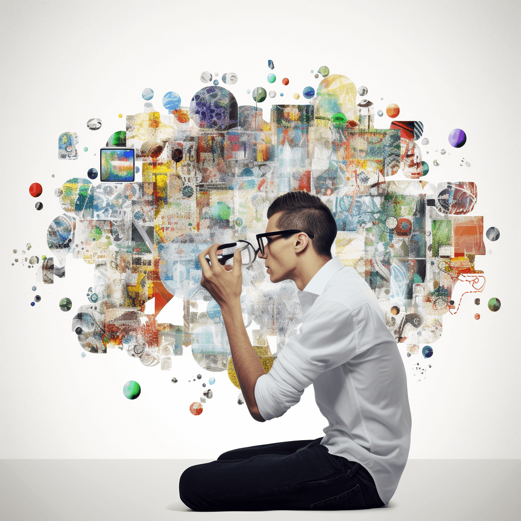 Voor een esthetische collage: "Esthetische digitale collage die de magie van het online universum op een witte achtergrond weergeeft