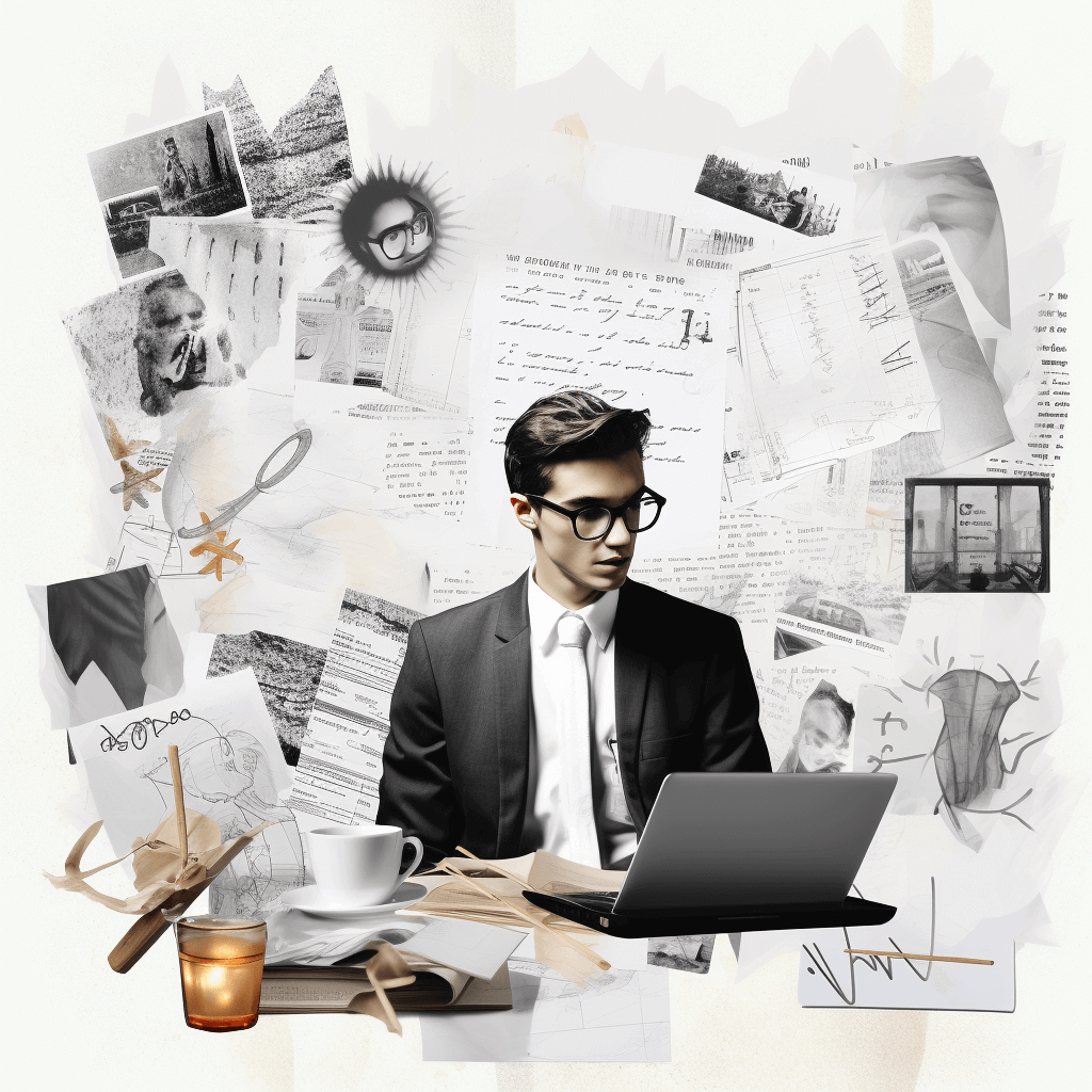 "Esthetische collage op kantoorbureau met zakelijke man