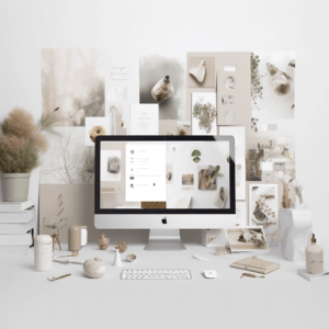 Minimalistische kantoor desktop met esthetische 2K webdesign op een witte achtergrond.