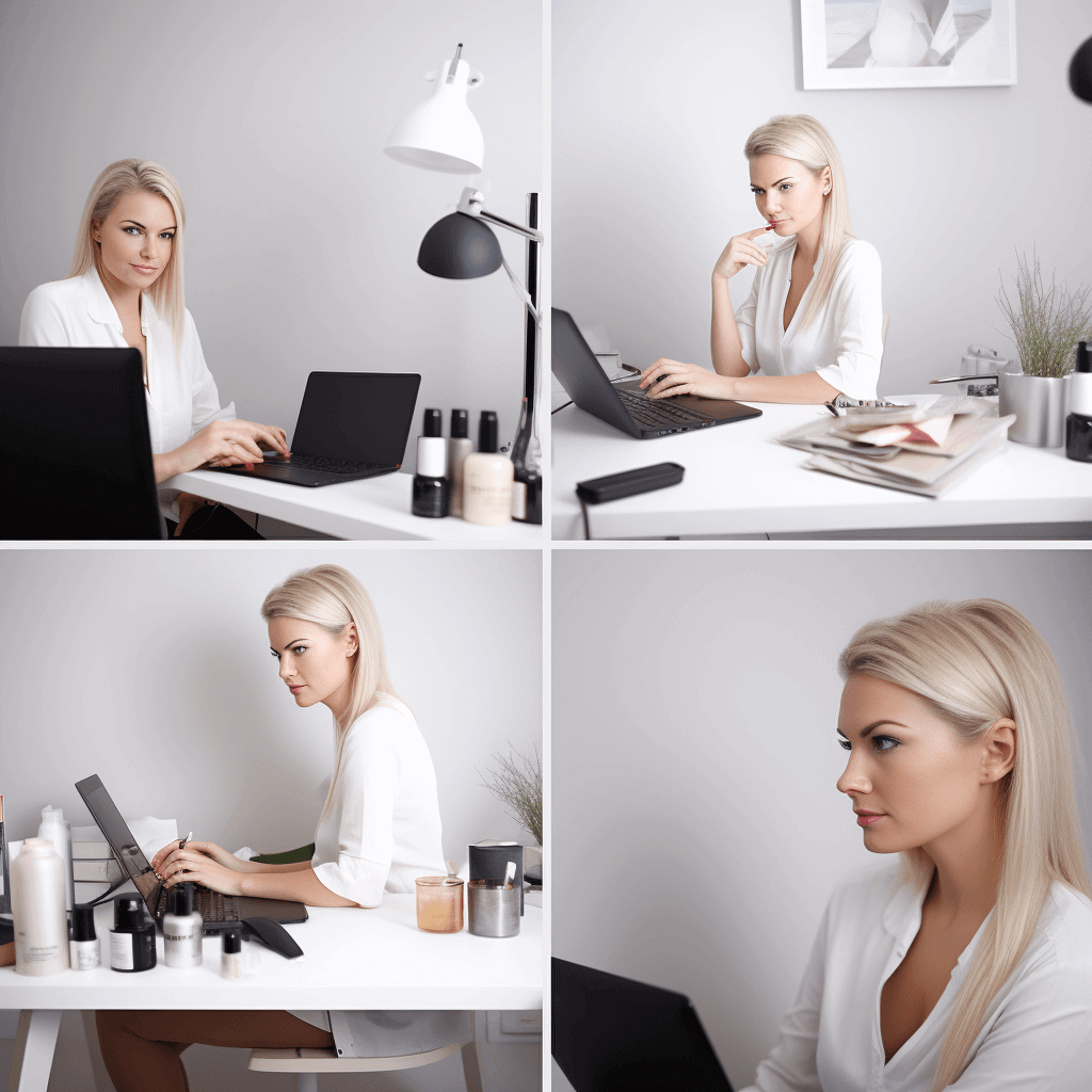 Collage die de focus legt op een zakenvrouw die geconcentreerd werkt op haar laptop, met flitsen van stadsgezichten en zakelijke icoontjes.
