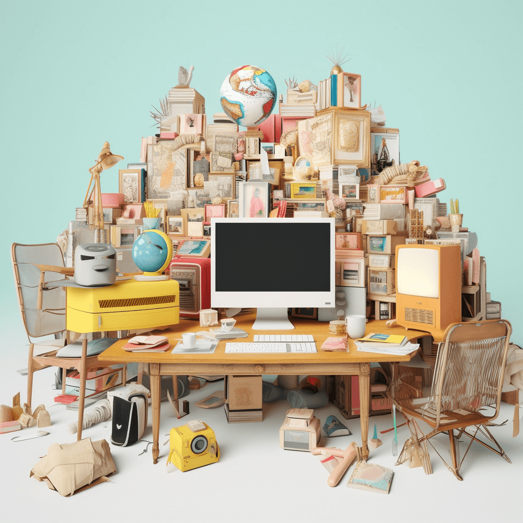 Digitale weelde in Andrew Tate's stijl, met websites en geldstapels, witte achtergrond.