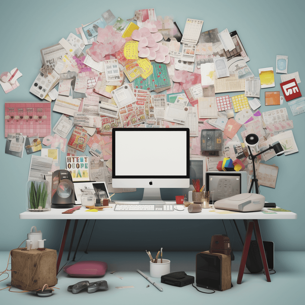 Kantoor in Wes Anderson-stijl met 4K websites en geldstapels, witte achtergrond.