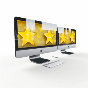 Apple-desktopcomputer in een kantooromgeving, met een fotorealistisch 4K-websiteontwerp en gele 5-sterren beoordelingen op het scherm tegen een witte achtergrond.