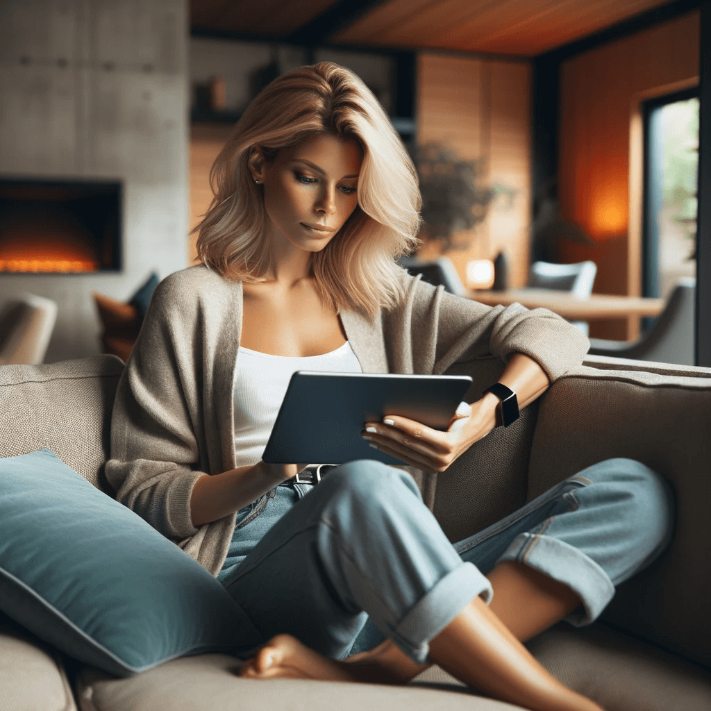 Vrouw in Moderne Woonkamer met Tablet