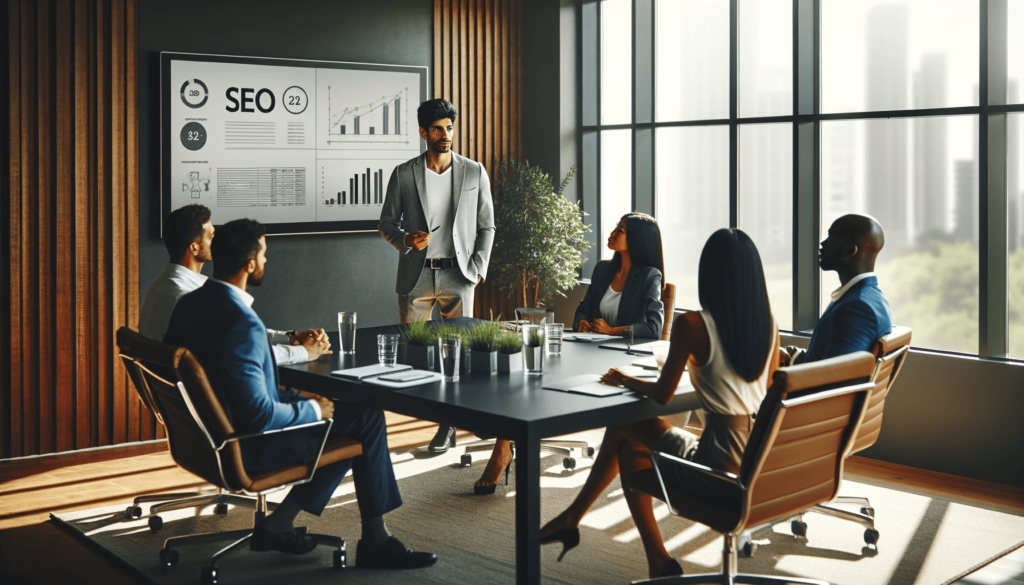 Middle-Eastern man leading a presentation on SEO metrics in a modern, sleek office setting.