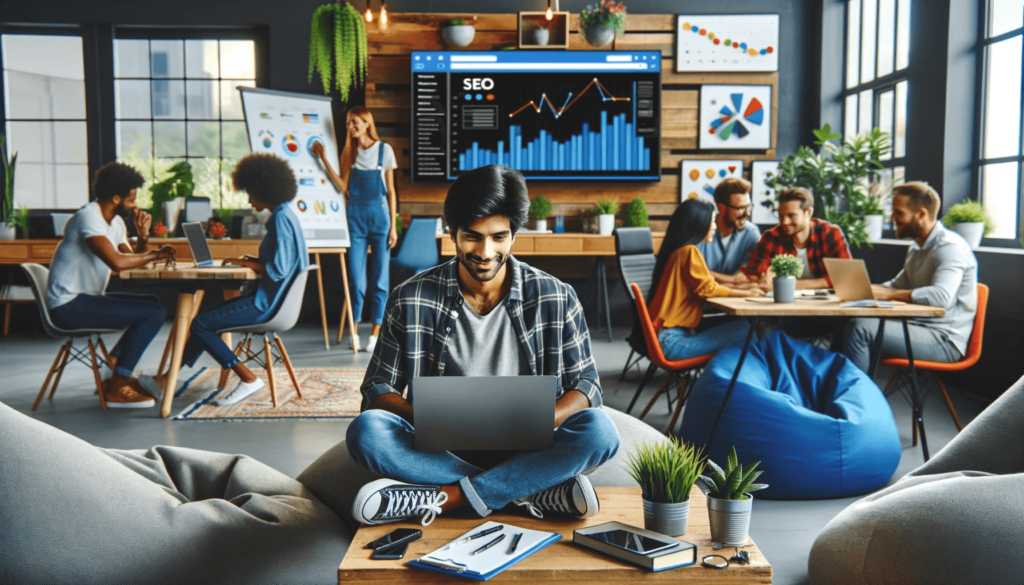 South Asian man working on a laptop in a relaxed tech startup environment with colleagues.