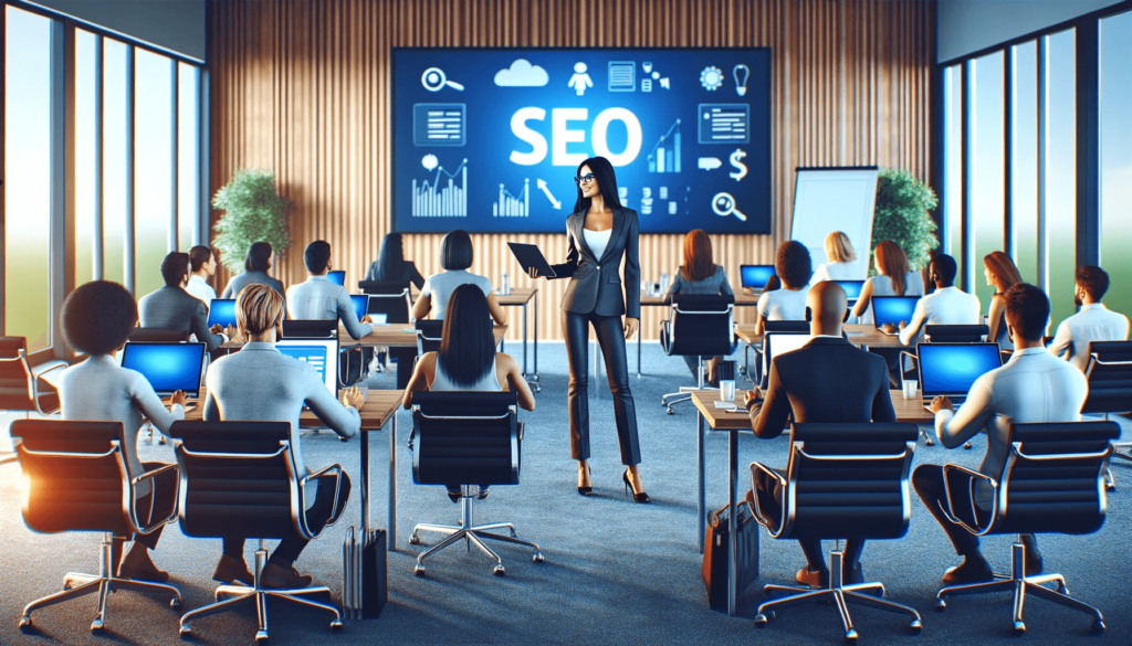 Hispanic woman leading an interactive SEO workshop in a spacious seminar room.