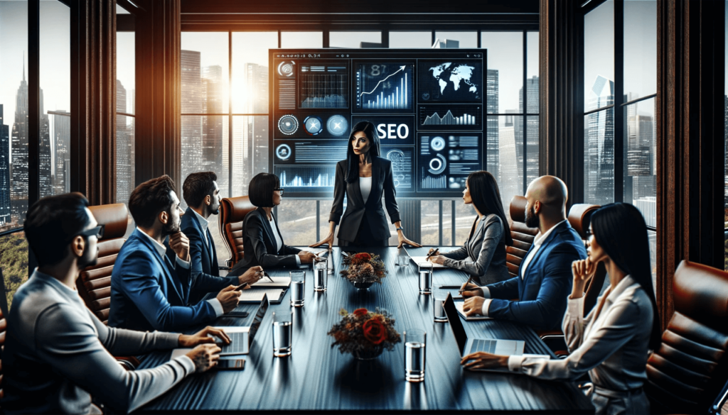 Middle-Eastern woman leading a strategic meeting in a corporate boardroom focused on SEO and digital marketing.