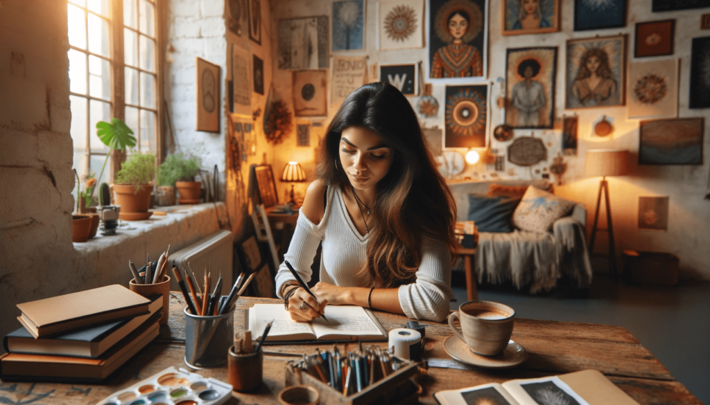 Hispanic vrouwelijke tekstschrijver brainstormt in een gezellig, artistiek thuiskantoor.