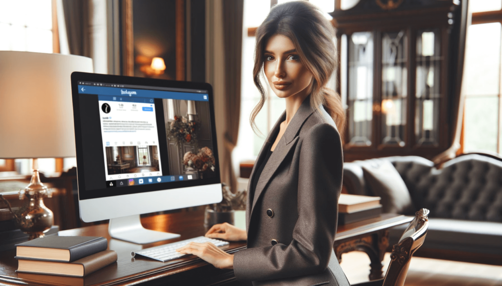 Vrouw in elegant kantoor gebruikt Instagram op haar computer.