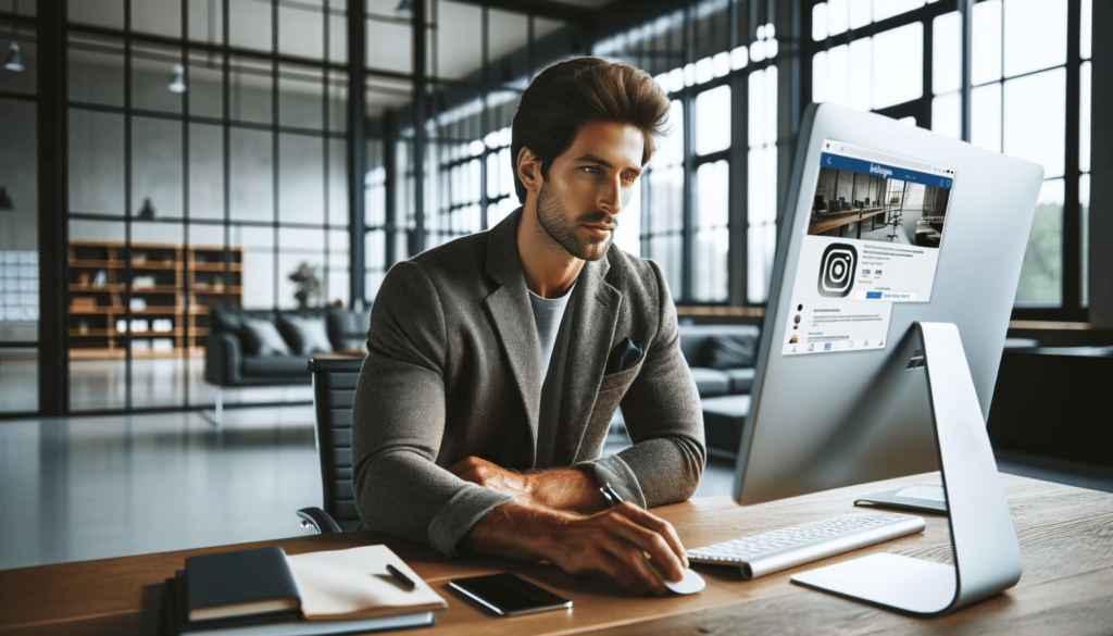 Man werkt aan desktop met Instagram in modern kantoor.