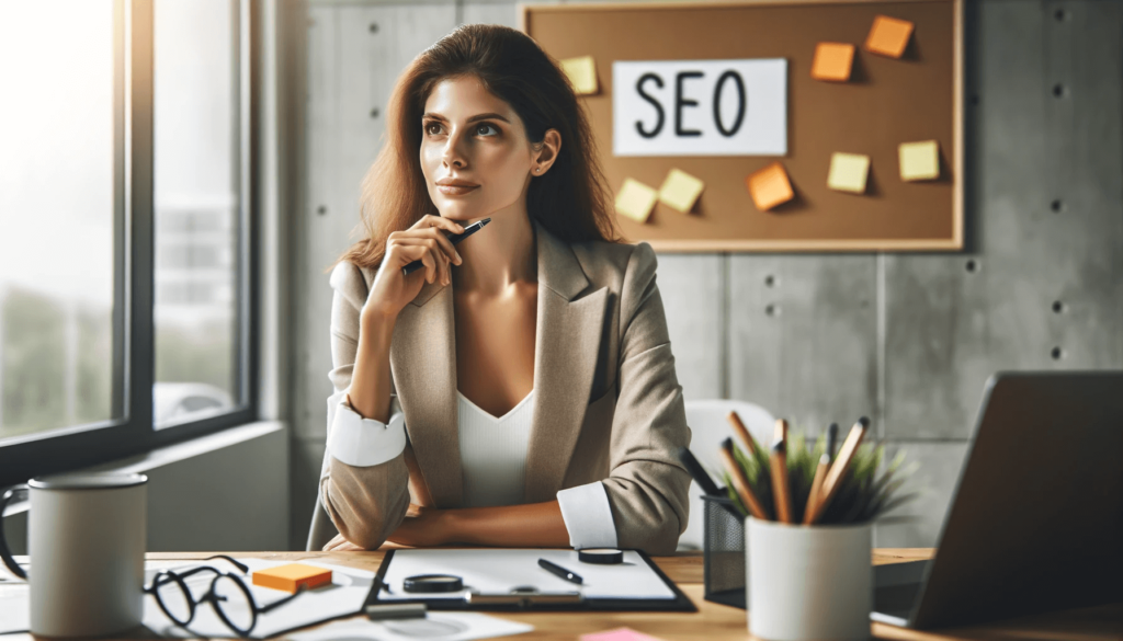 Een vrouwelijke SEO-expert gebruikt een whiteboard en post-its voor brainstorming in een stijlvol kantoor