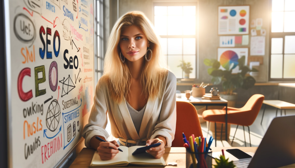 Confident blonde woman brainstorming SEO ideas on whiteboard