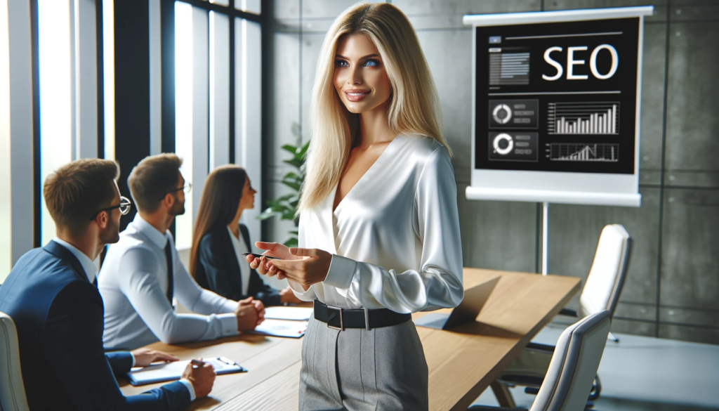 Blonde woman presenting SEO strategies in conference room