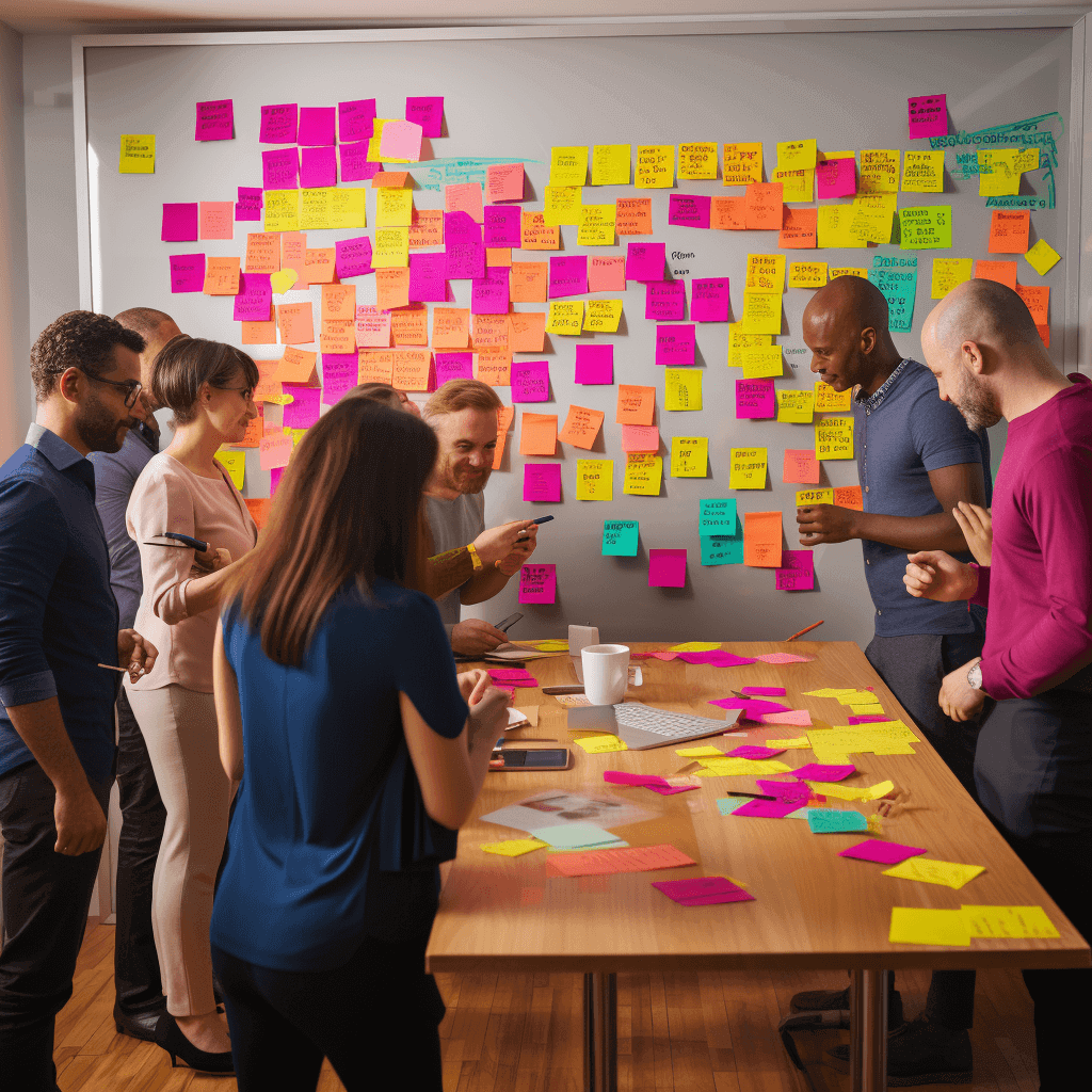 Een afbeelding die de samenwerking bij keyword onderzoek illustreert. Mensen zitten rond een tafel met een whiteboard vol met kleurrijke 3M stickers op de achtergrond.