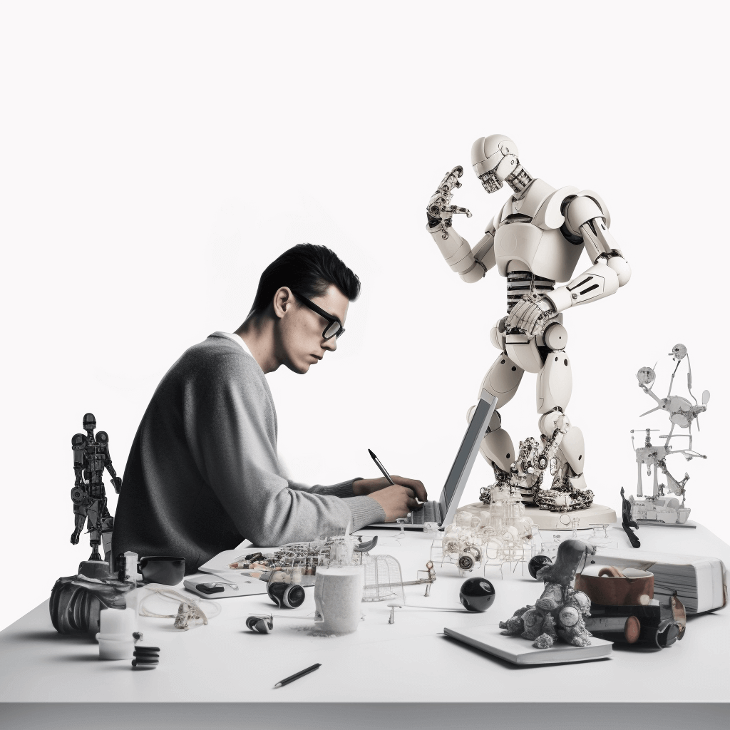 Een aesthetic collage desktop achtergrond met een witte bureaublad, een man die een pen vasthoudt, en een robotfiguur, allemaal in 2K resolutie.