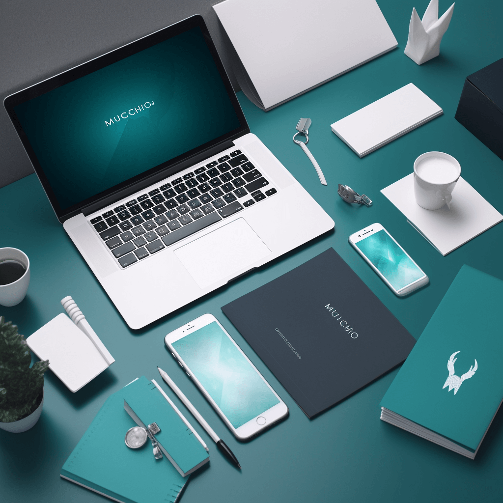 Een esthetische en inspirerende branding mockup flat lay voor een bedrijf met een zakenman die nadenkt, een laptop en kleuren van turquoise, aqua, diepblauw, wit en zilver.