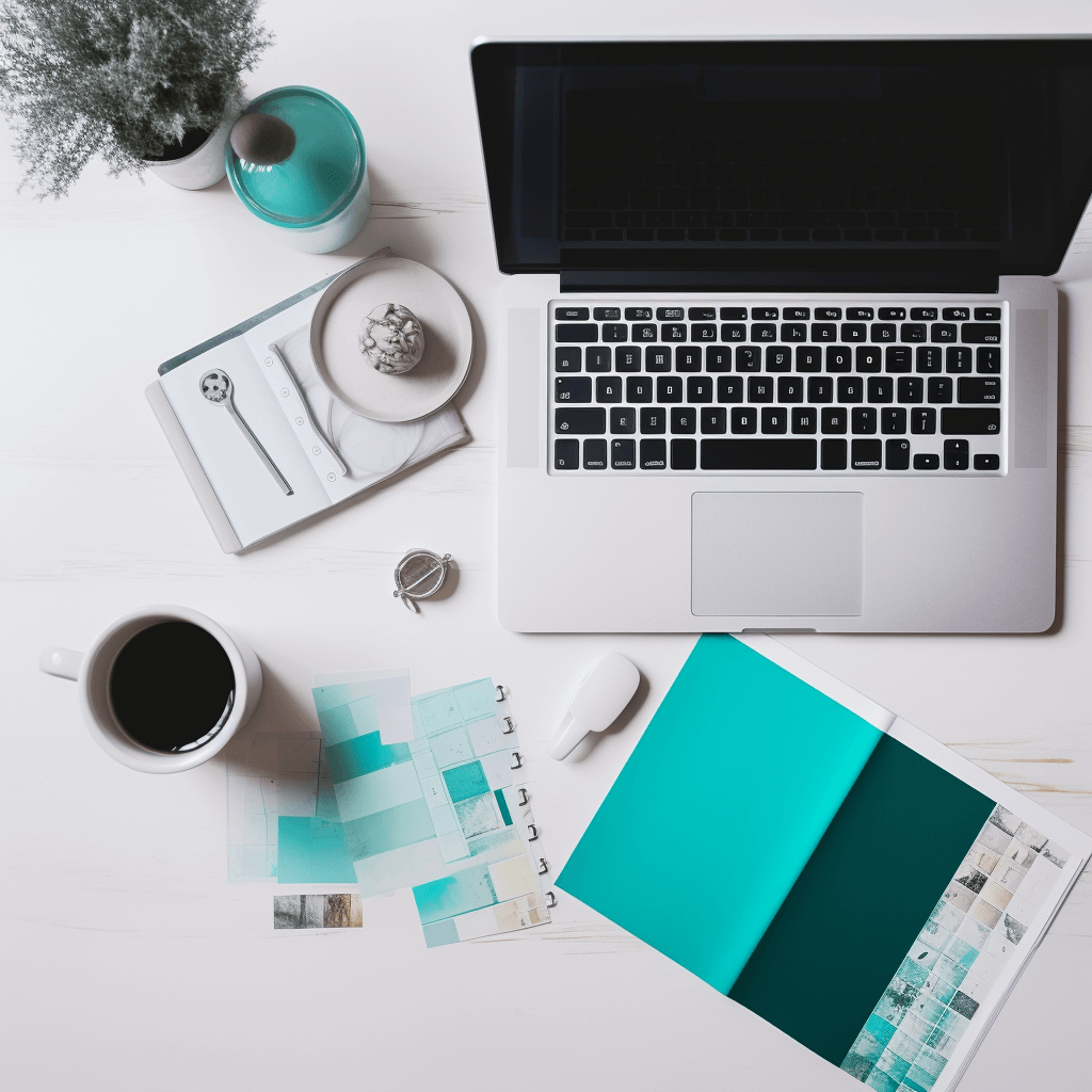 Een inspirerende en intuïtieve branding mockup met een zakelijke professional, laptop en een kleurenpalet van turquoise, aqua, diepblauw, wit en zilver.