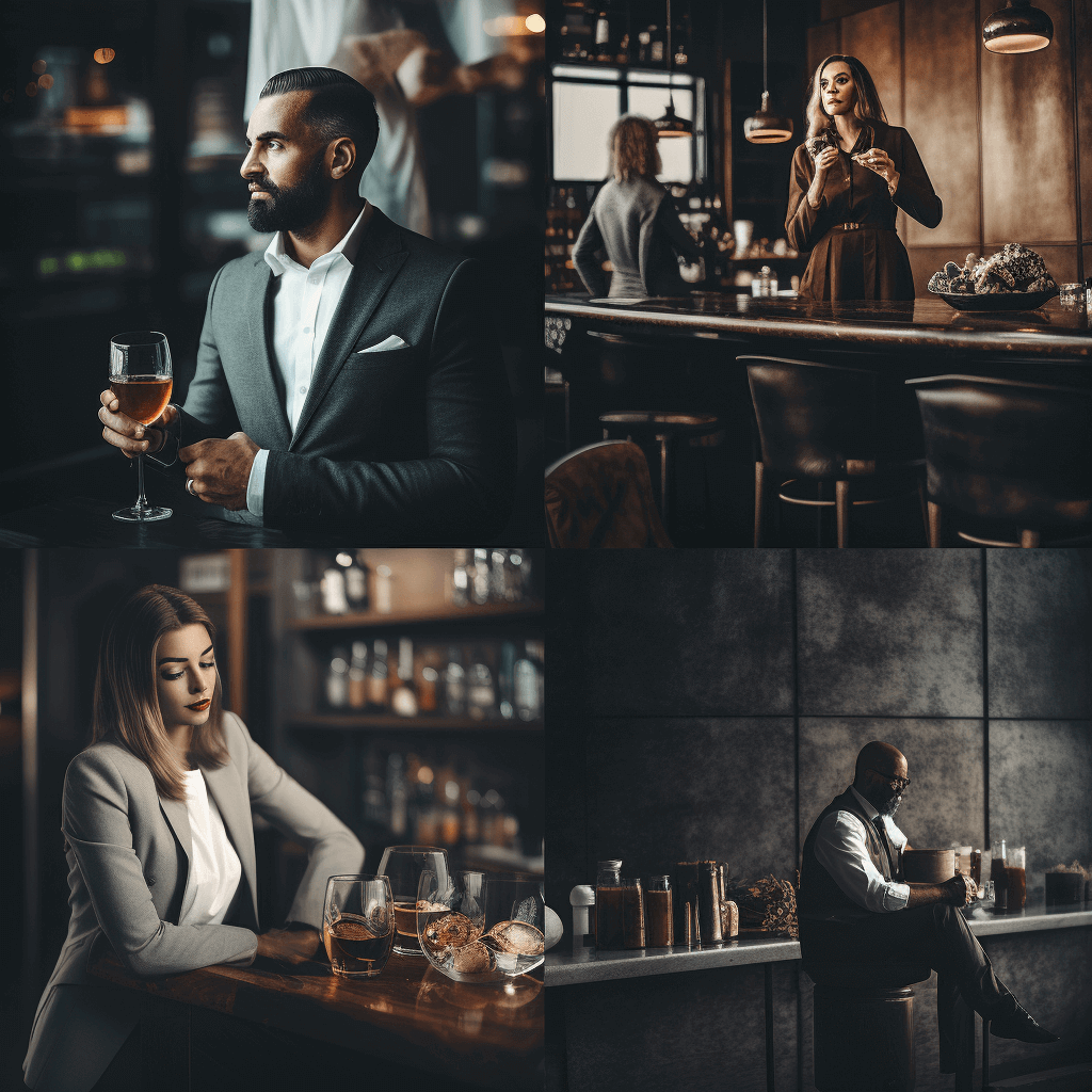 Collage van esthetische stockfoto's relevant voor MKB-bedrijven, met afbeeldingen van bedrijfsactiviteiten, producten, mensen, een restaurant en juridische dienstverlening.