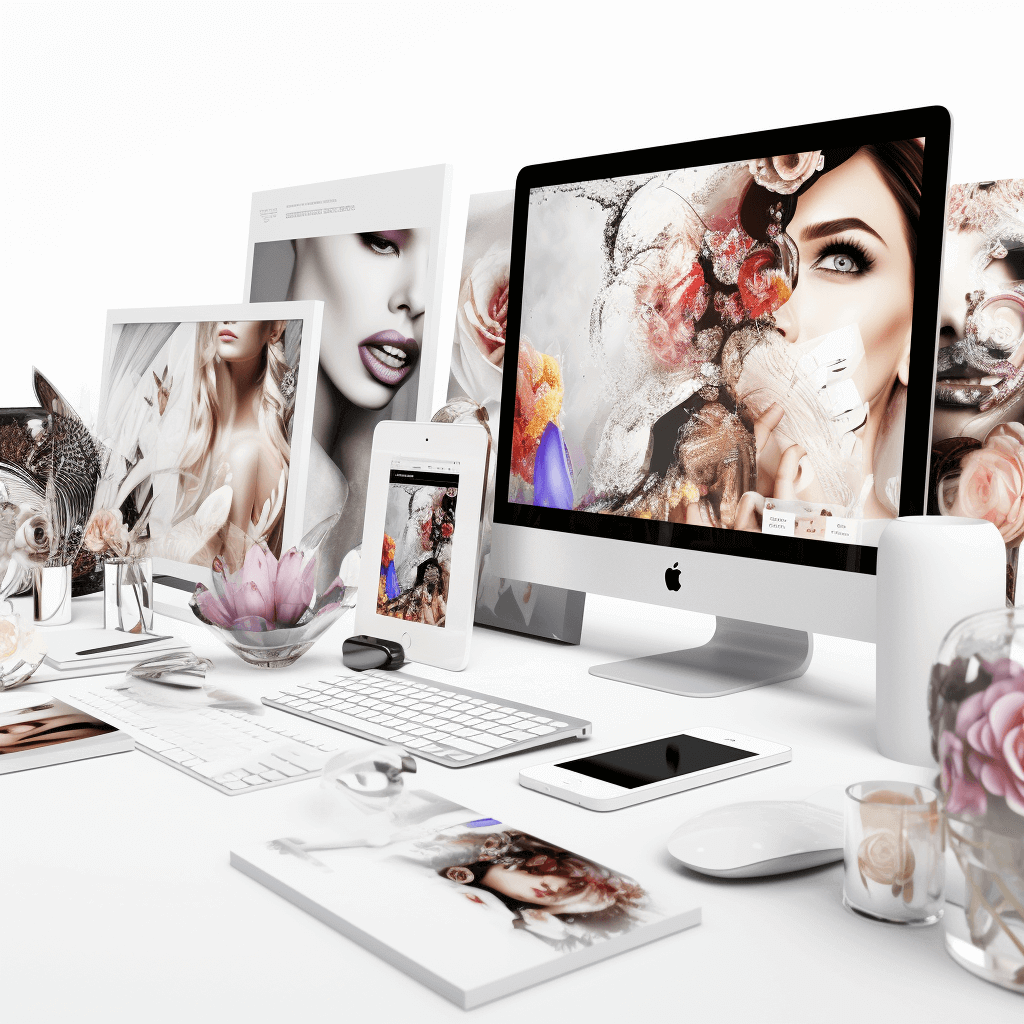 Esthetische collage van een desktop met veel websites en SEO-elementen, dienend als decoratie voor werk, op een witte achtergrond, in 2K-resolutie.