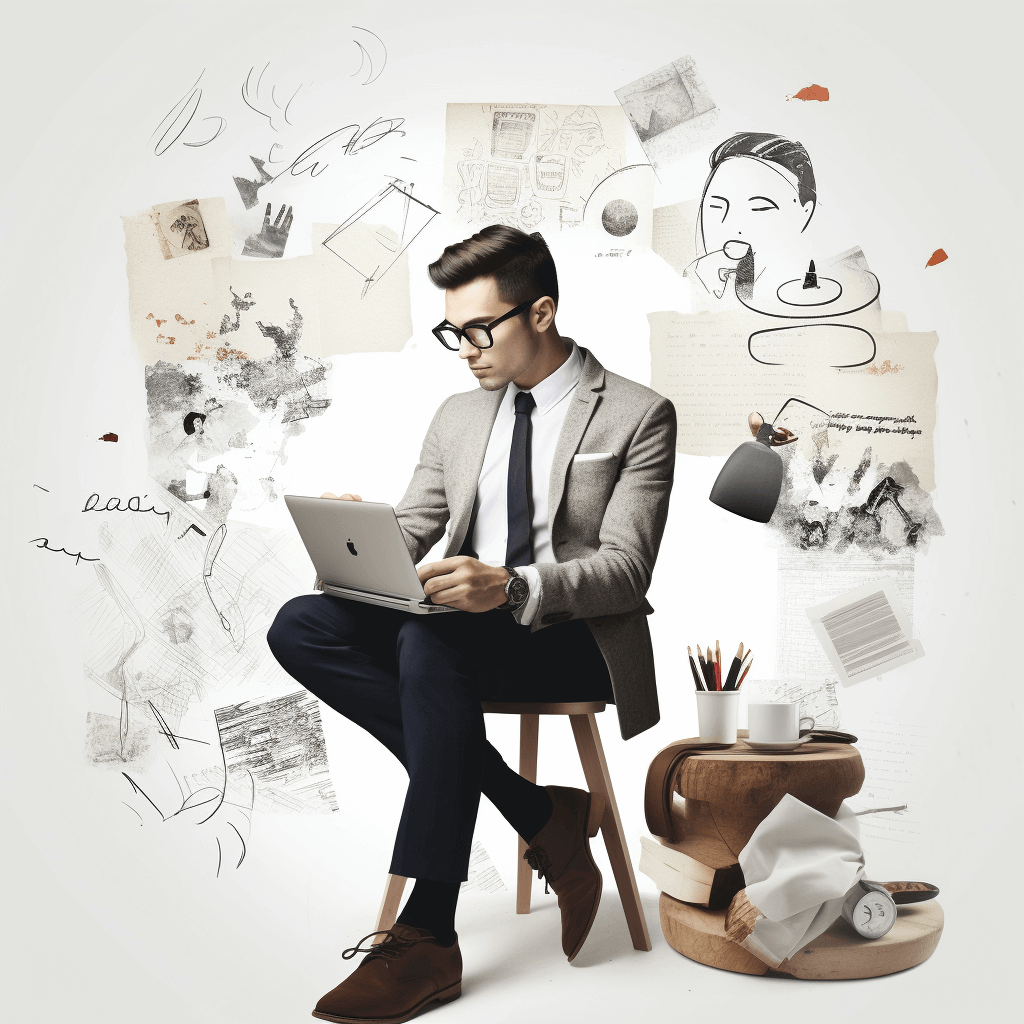 Hoogwaardige 2K esthetische collage die zakelijke mannen op kantoor toont, evenals een desktop en elementen van blogtekstschrijven, allemaal op een witte achtergrond