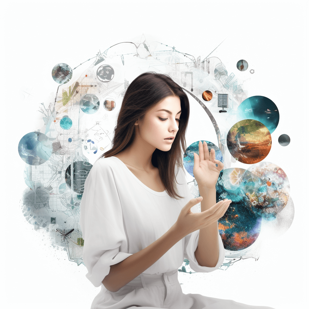 oor een afbeelding van een vrouw die zoekt in de digitale wereld: "Vrouw zoekt in de digitale wereld op een desktopcomputer met een witte achtergrond" Voor een collage van websites: "Een artistieke compositie van diverse websites op een witte achtergrond