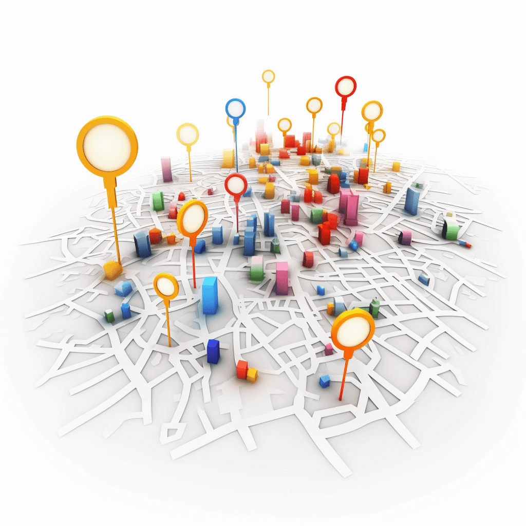 Esthetische Afbeelding van een Kaart met Gloeiende Lokale Bedrijven en Zoekwoorden