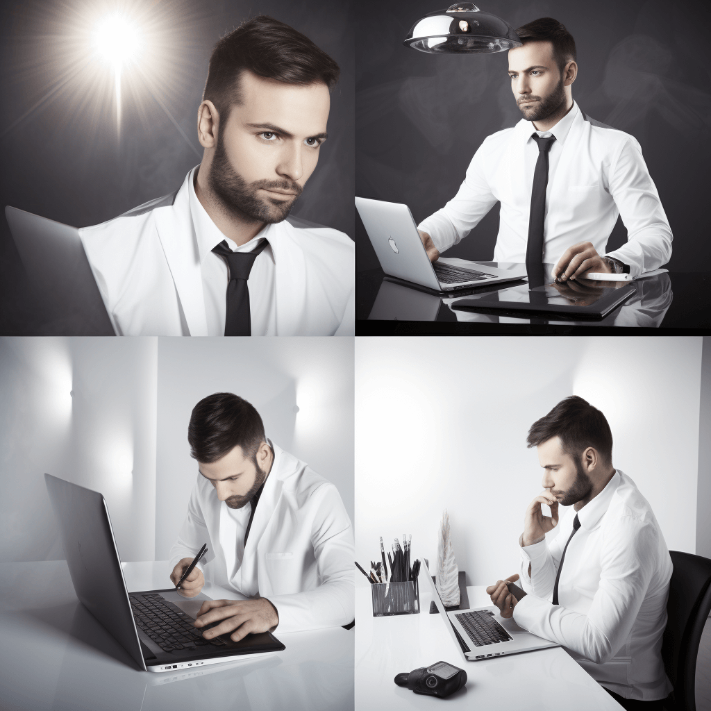 Zorgvuldig geënsceneerde studiofotografie van zakelijke professionals in diverse poses. Man