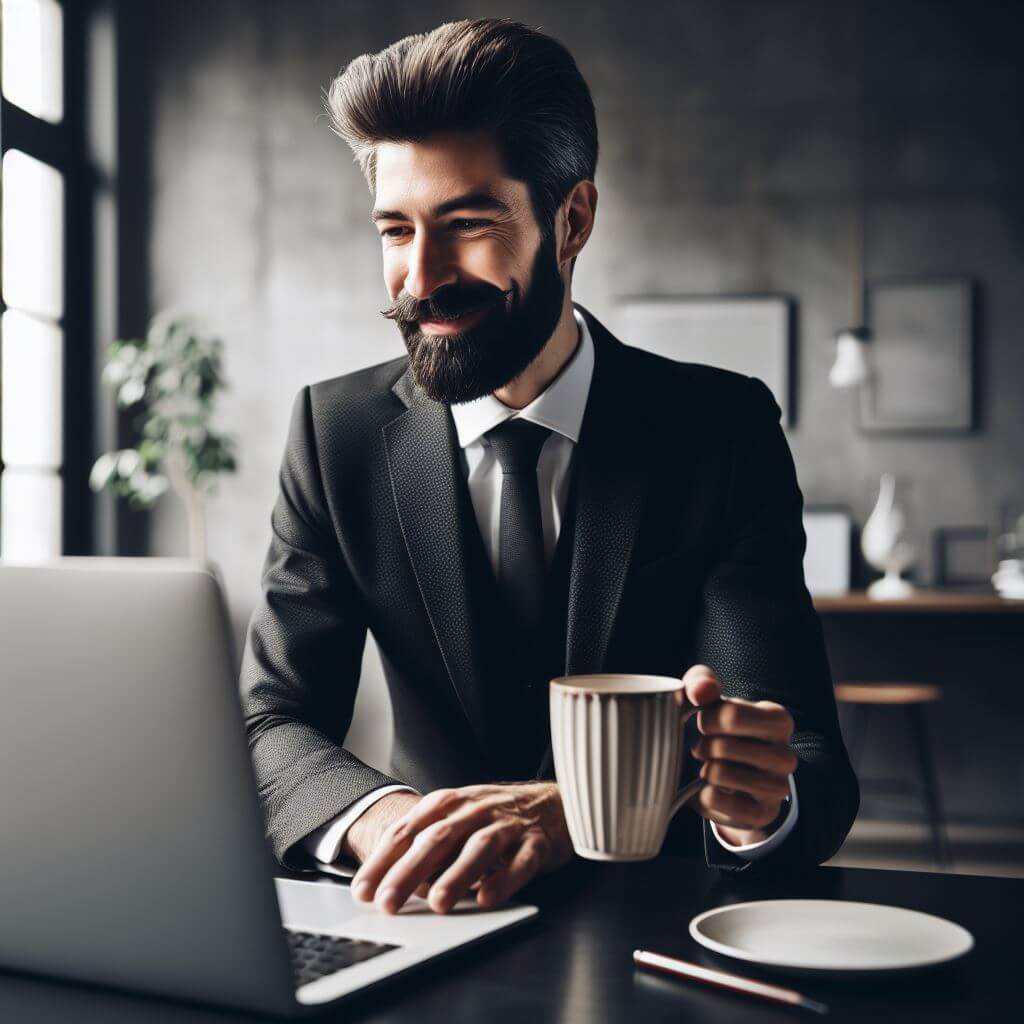 Een succesvolle zakenman toont zijn productiviteit terwijl hij op zijn desktopcomputer werkt.