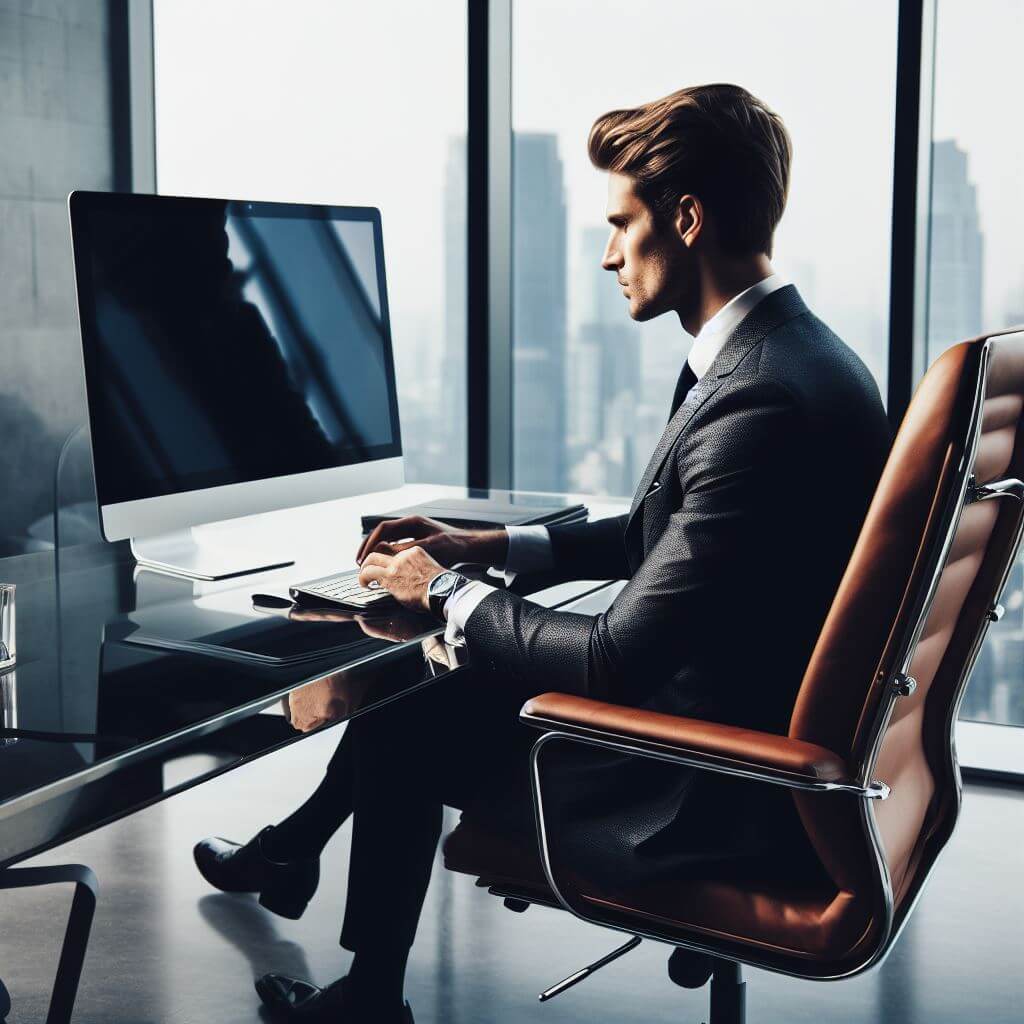 Een eigentijdse zakenman straalt efficiëntie uit terwijl hij aan zijn bureau werkt met zijn desktopcomputer.