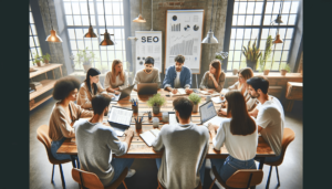 Diverse groep bespreekt SEO-strategieën met data-analyse op schermen.