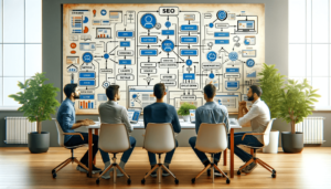 Diverse teamleden werken aan SEO-taken in modern kantoor.