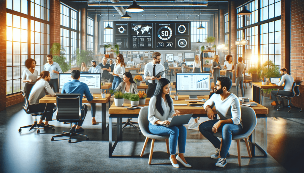 Diverse team working in a modern digital marketing office with computers and SEO analytics on display.