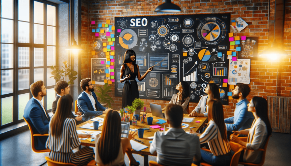 woman presenting SEO strategies to colleagues in a vibrant, creative agency setting.