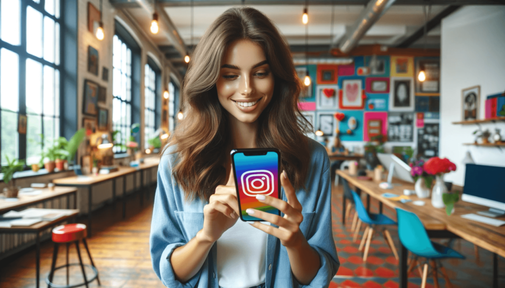 Jonge vrouw in kleurrijk kantoor bladert door Instagram op haar telefoon.