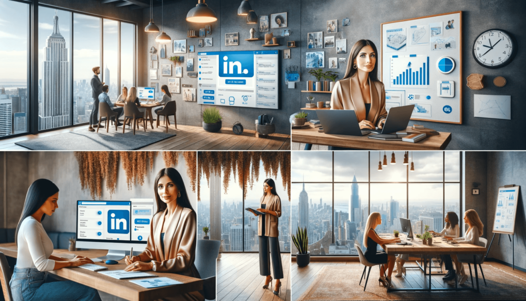 Vrouwelijke expert creëert LinkedIn advertenties op laptop in rooftop kantoor.